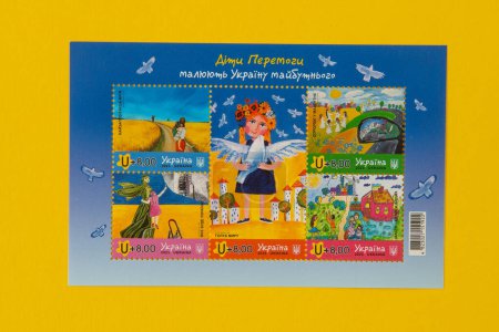 Photo for Ukrposhta. A set of different Ukrainian postage stamps and postcards. War stamp. Children of Victory paint the Ukraine of the future. No war. Kyiv, Ukraine - June 20, 2023. - Royalty Free Image