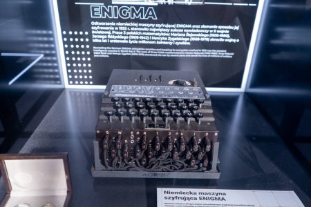 Photo for Enigma Machine. Legendary encryption device Used to decode enemy messages during WWII, Bletchley Park, Milton Keynes, Britain. Poland, Warsaw - July 28, 2023. - Royalty Free Image