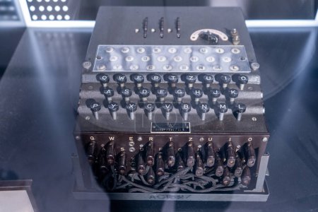 Photo for Enigma Machine. Legendary encryption device Used to decode enemy messages during WWII, Bletchley Park, Milton Keynes, Britain. Poland, Warsaw - July 28, 2023. - Royalty Free Image