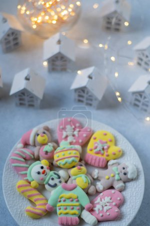 Marshmallow for winter ugly sweaters party. Christmas sweet candy food. Dessert treat.