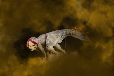 Téléchargez les photos : Protoceratops, dinosaure sur fond de fumée - en image libre de droit