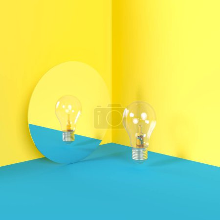 Photo for Light bulb idea concept reflection on mirror  on blue corner isolate room studio. 3D Rendering minimal concept idea. - Royalty Free Image