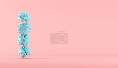 Téléchargez les photos : Cerveaux de couleur bleue empilés sur fond rose. 3D Render. Concept d'idée minime créatif. - en image libre de droit