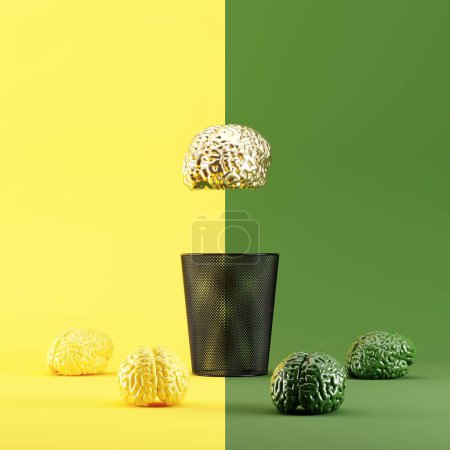 Photo for Golden color brain, Floating under trash bin on Yellow half green background. 3D Render. Minimal idea concept creative. - Royalty Free Image