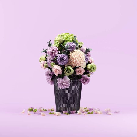 Téléchargez les photos : Bouquet de fleurs flore mis sur corbeille noire sur fond violet studio. 3D Render. Concept d'idée créatif. - en image libre de droit