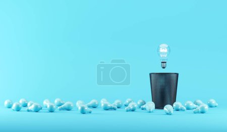 Photo for Lighting bulb floating on Bin Trash with Blue illumination bulb placed on a blue background. 3D render. minimal creative idea. - Royalty Free Image