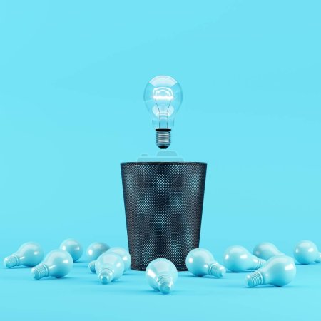 Téléchargez les photos : Ampoule flottant sur poubelle avec ampoule bleue placée sur un fond bleu. Un rendu 3D. idée créative minimale. - en image libre de droit
