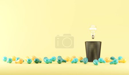 Téléchargez les photos : Ampoule flottant sur poubelle avec ampoule bleue placée sur le fond. Un rendu 3D. idée créative minimale. - en image libre de droit