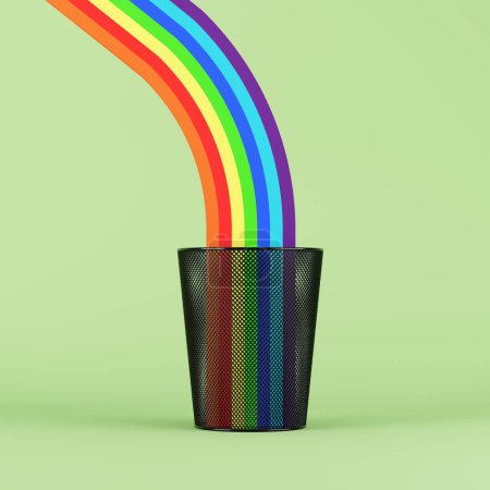 Photo for Rainbow color on Recycle bin  trash on green background. 3D Render. Creative minimal idea concept. - Royalty Free Image