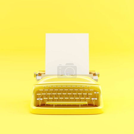 Foto de Máquina de escribir de color amarillo con papel blanco en blanco para agregar su anuncio o texto. Tema de color amarillo. Renderizado 3D. - Imagen libre de derechos