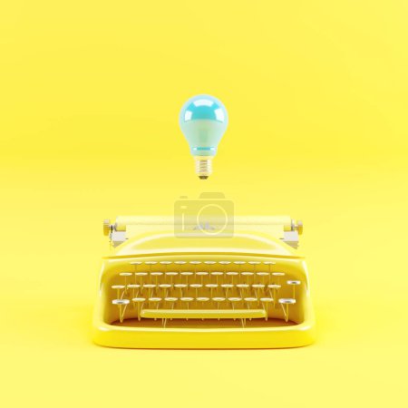 Foto de Máquina de escribir de color amarillo con bombilla azul flotante. idea creativa mínima. Renderizado 3D. - Imagen libre de derechos