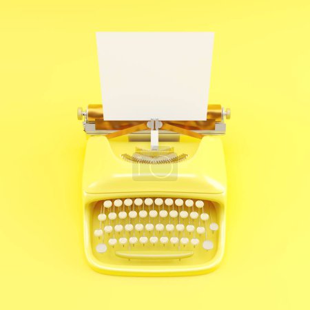 Foto de Máquina de escribir de color amarillo con papel blanco en blanco para agregar su anuncio o texto. Tema de color amarillo. Renderizado 3D. - Imagen libre de derechos