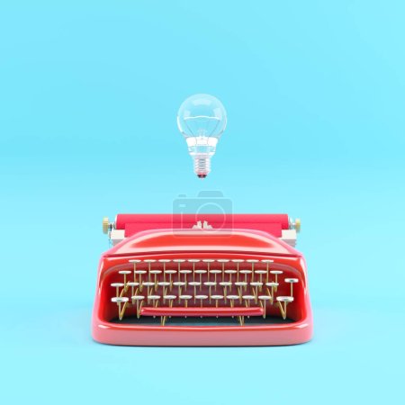 Téléchargez les photos : Machine à écrire couleur rouge avec ampoule flottant. idée créative minimale. Expéditeur 3D. - en image libre de droit