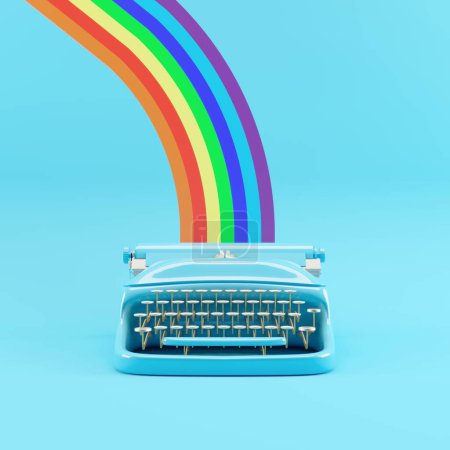 Foto de Máquina de escribir de color azul con impresión Rainbow aislada sobre fondo azul. idea creativa mínima. Renderizado 3D. - Imagen libre de derechos