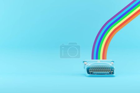 Foto de Máquina de escribir de color azul con impresión Rainbow aislada sobre fondo azul. idea creativa mínima. Renderizado 3D. - Imagen libre de derechos