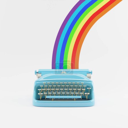 Foto de Máquina de escribir de color azul con impresión Rainbow aislada sobre fondo. idea creativa mínima. Renderizado 3D. - Imagen libre de derechos