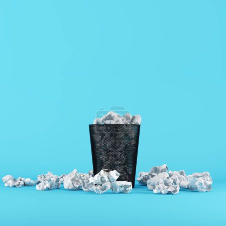 Paper trash fully on Bin Trash with paper trash placed on a blue background. 3D render. minimal creative idea.