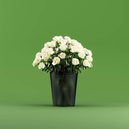 Foto de Ramo de flores White Rose poner en la papelera de reciclaje negro en el estudio de fondo verde. 3D Render. Concepto de idea creativo. - Imagen libre de derechos