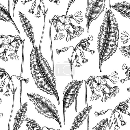 Illustration for Hand-drawn cowslip and oxlip background design. Vintage woodland flowers sketches. Seamless spring pattern. Forest plant and wild flowers illustration for print. Vintage primrose decorative backdrop. - Royalty Free Image