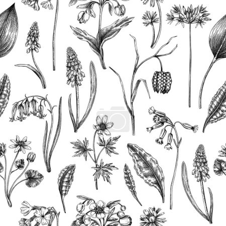 Hand-drawn wildflowers background design. Vintage woodland flowers sketches. Seamless spring pattern. Forest plant illustration. Cowslip, bluebell, grape hyacinth, hellebore, fritillary backdrop