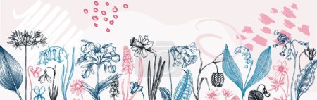 Illustration for Horizontal trendy banner with wildflowers sketches. Floral backdrop in collage style. Delicate contoured blooming flowers border with abstract elements. Spring woodland botanical background - Royalty Free Image