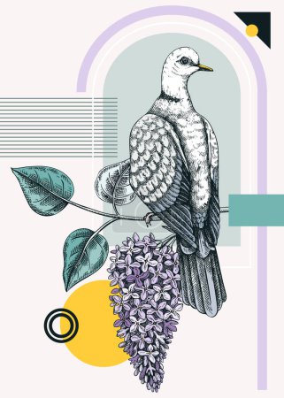 Illustration for Collage style dove vector illustration. Hand-drawn bird on blooming lilac branches with flowers and leaves. Trendy design with botanical sketches, geometric shapes, and abstract elements for print - Royalty Free Image