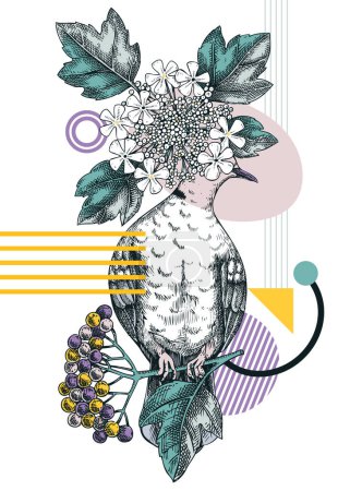 Illustration for Collage style dove vector illustration. Hand-drawn bird on blooming guelder rose branches with flowers, berries, leaves. Trendy design with botanical sketches, geometric shapes, and abstract elements. - Royalty Free Image