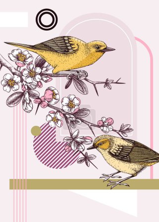 Illustration for Collage style spring card design. Two yellow warbler on blooming Japanese quince branches vector sketch. Hand drawn songbirds and flowers illustration, geometric shapes, trendy design elements - Royalty Free Image