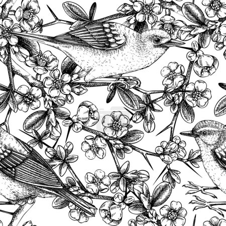 Illustration for Vector spring background in engraved style. Yellow warbler sitting on blooming Japanese quince branch sketches. Songbird with beautiful flowers seamless pattern design for prints or textiles - Royalty Free Image