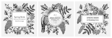 Spring hand drawn frame templates set. Floral wreath designs with birds and blooming trees. Cherry, almond, willow, rowan, currant, Japanese quince, lilac in flowers sketches for cards or prints