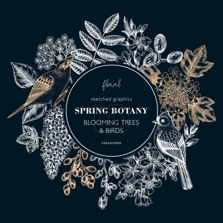 Illustration for Spring hand drawn wreath template on chalkboard. Floral frame designs with birds, flowers, leaves and blooming tree branches. Almond, willow, rowan, willow, lilac, cherry blossom sketches for prints - Royalty Free Image