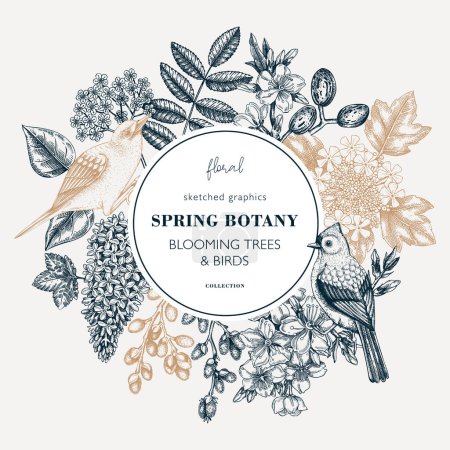 Illustration for Spring hand drawn wreath template. Floral frame designs with birds, flowers, leaves and blooming tree branches. Vintage almond, willow, rowan, willow, lilac, cherry blossom sketches for prints - Royalty Free Image
