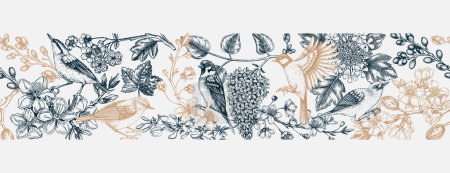 Illustration for Spring seamless pattern in sketched style. Hand drawn birds, flowers, blooming branches ribbon. Almond, willow, rowan, currant, japanese quince, lilac, cherry blossom sketches vintage background - Royalty Free Image