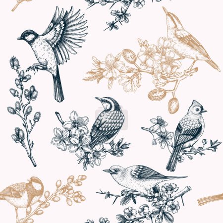 Spring garden background. Vintage seamless patter with birds, flowers, leaves and blooming tree branches. Hand drawn almond, willow, rowan, willow, cherry blossom floral sketches for prints or textile