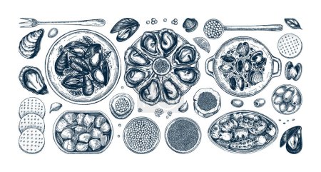 Ilustración de Colección de ilustraciones buffet de mariscos en estilo vintage. Mariscos dibujados a mano: mejillones, ostras, camarones, caviar, bocetos de canapé de pescado enlatado. Cocina mediterránea, menú del restaurante, parte de la comida para los dedos - Imagen libre de derechos