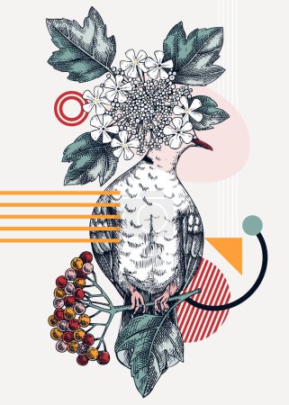 Illustration for Collage-style bird card. Sketched dove trendy poster. Creative designs with bird sketch, botanical illustrations, geometric shapes, and abstract elements for nature print, wall art, packaging. - Royalty Free Image