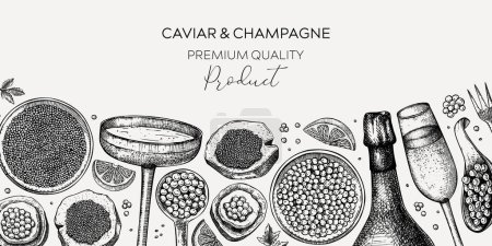 Caviar and champagne hand drawn illustrations collection. Hand drawn red caviar canape, canned black caviar, sparkling wine bottle, glasses sketches set. Seafood drawings isolated on white background