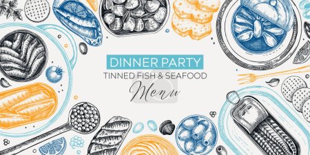 Illustration for Canned fish frame design in color. Seafood background with hand drawn sardines, anchovy, mackerel, tuna, mussels in tin cans, fish canapes, olives, crackers and lemons sketches. - Royalty Free Image