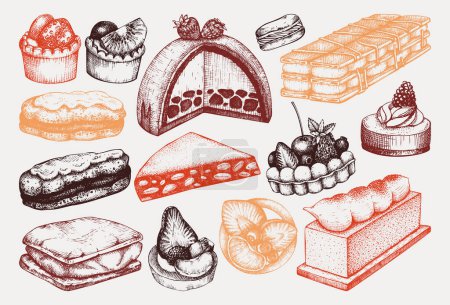 Illustration for Hand drawn desserts illustrations set. Layer cakes, biscuits, eclairs,  vanilla slices, tartlets, cheesecake, meringue sketches in color. Vintage food drawing for confectionery or bakery shop - Royalty Free Image