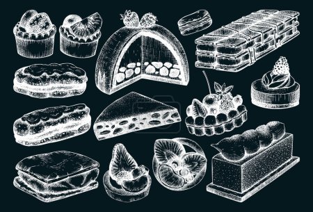 Illustration for Hand drawn desserts illustrations set. Layer cakes, biscuits, eclairs,  vanilla slices, tartlets, cheesecake, meringue sketches on chalkboard. Vintage food drawing for confectionery or bakery shop - Royalty Free Image