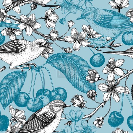 Illustration for Cherry blossom branch seamless pattern. Vintage spring background with birds vector drawing. Blooming tree in sketch style, sakura with flowers, berries, leaves. Yellow warbler spring background - Royalty Free Image