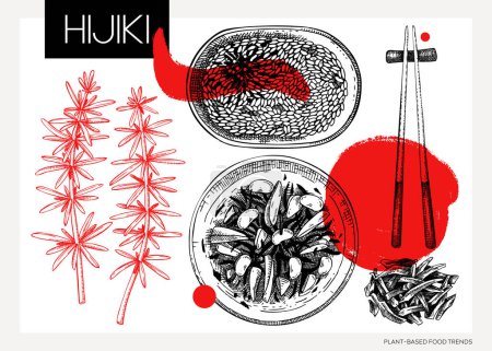 Illustration for Hand-drawn hijiki sketches set. Artistic sea vegetable drawings. Sea kale in collage style. Edible seaweed vector food illustration. Japanese cuisine dishes collection. Heathy eating ingredients - Royalty Free Image
