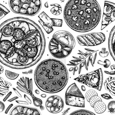 Italian cuisine vector background. Hand drawn pizza, pasta, tinned fish canape and risotto with mushrooms sketches. Mediterranean food seamless pattern. Black countered menu design