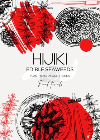 Illustration for Collage-style hijiki design. Sea vegetable sketches. Edible seaweed vector illustration. Japanese cuisine trendy menu design. Hand drawn healthy food ingredients background - Royalty Free Image