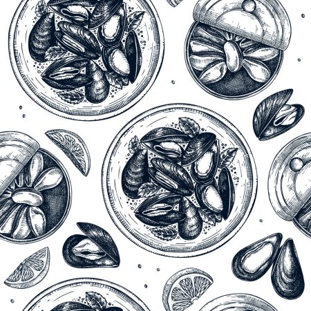 Illustration for Hand drawn cooked mussels on platter with herbs seamless pattern. Vector package, banner, wrapping paper template with retro seafood elements. Realistic shellfish background with tinned mussels.. - Royalty Free Image
