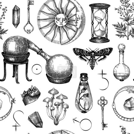 Vintage alchemical background. Popular esoteric symbols. Magic seamless pattern. Mystical design for tarot cards, banners, prints, tattoos, and fabrics. 