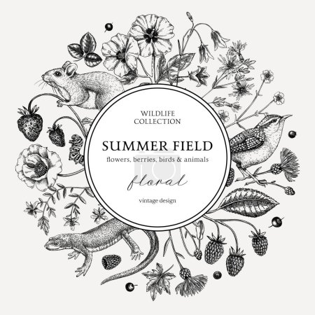 Illustration for Sketched summer background. Floral wreath design. Wildlife sketches. Wildflowers botanical illustration. Hand-drawn field of flowers, birds, and animals for wedding invitation, vintage decoration. - Royalty Free Image