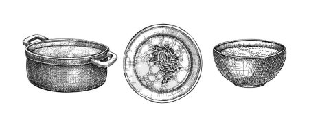 Illustration for Dishes set. Cooked food. Hot soup served on plates, pans, bowls. Marrow bone broth sketches collection.  Engraved vector food illustrations isolated on white background - Royalty Free Image
