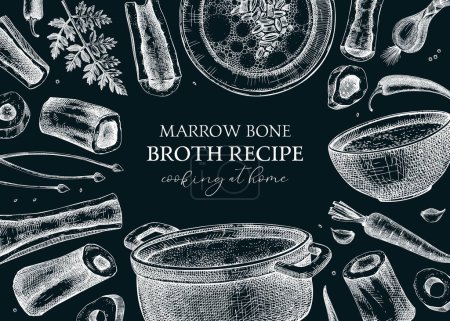 Illustration for Healthy food background. Marrow bone broth frame. Hot soup served on plates, pans, bowls, vegetables, marrow bones sketches. Engraved vector food illustrations isolated on chalkboard - Royalty Free Image