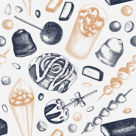 Illustration for Christmas market food background. Fast food seamless pattern. Hand-drawn vector illustration. Desserts, pastries, sweets, marzipan, mallow puffs, marshmallow, confectionary sketches. - Royalty Free Image